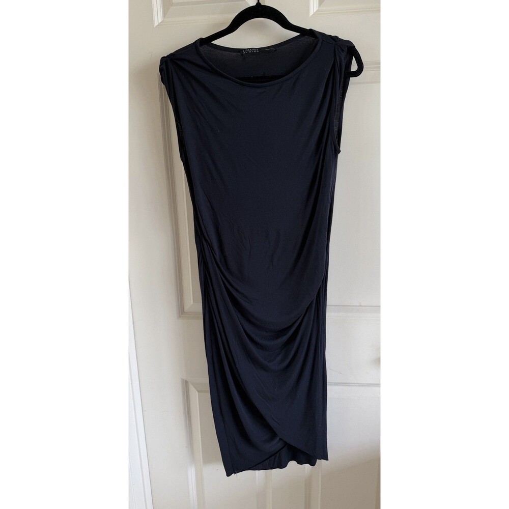 All Saints Navy Blue Modal Draped Sheath Midi Dress Size 8